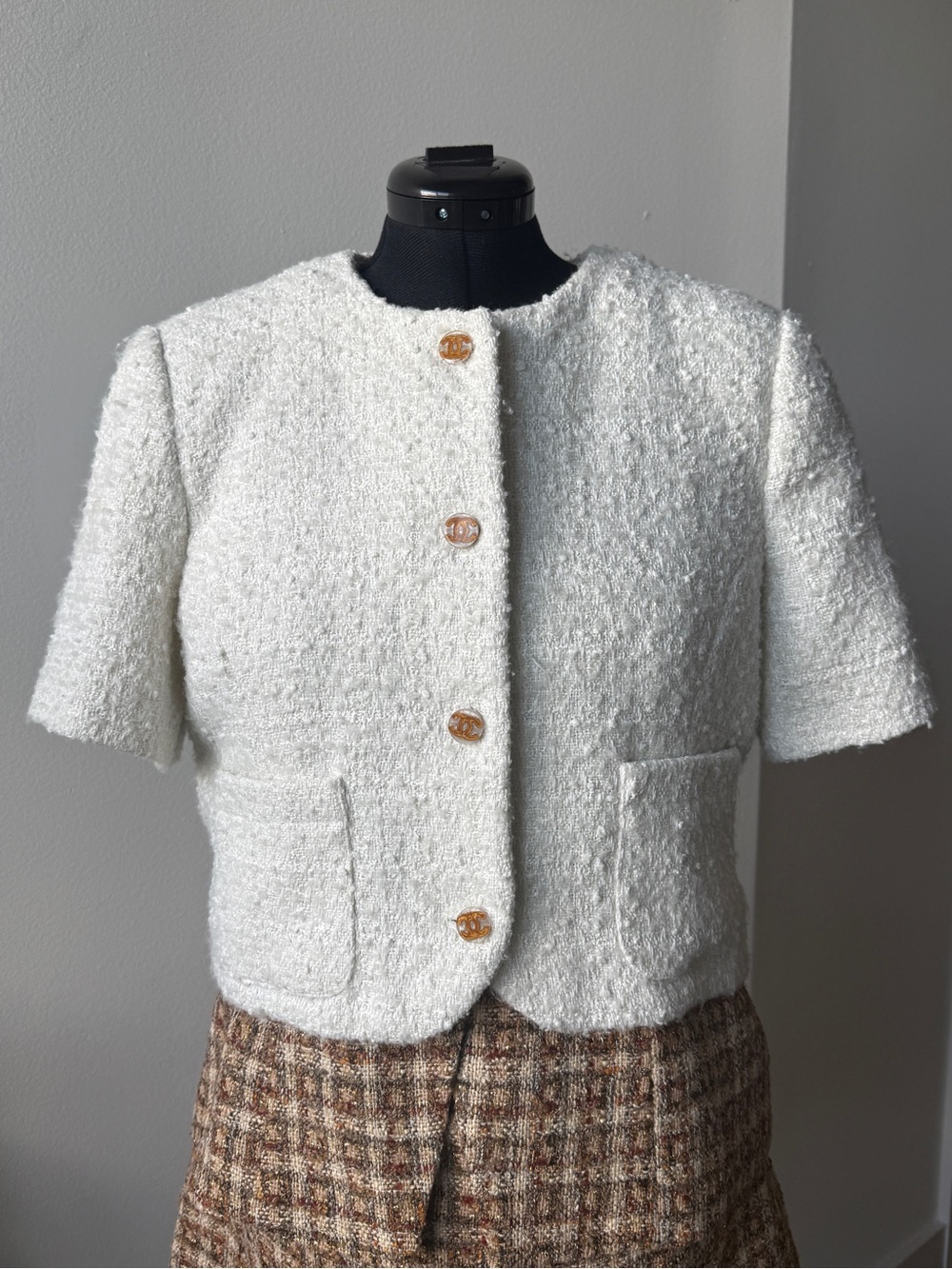 Chanel buttons upcycled/ Cream Bouclé Short Sleeve Jacket - Elegant Button-Front